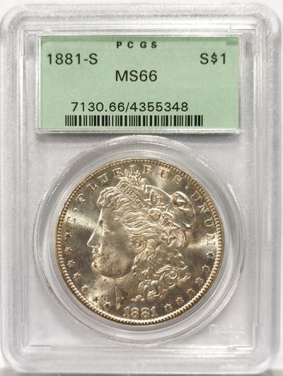 博洋堂藏家专场系列之美国钱币白金之夜专场暨第148期（全场包邮） - PCGS MS66 美国1881 S 摩根 老绿盒 严评 双面老包浆 完美品相