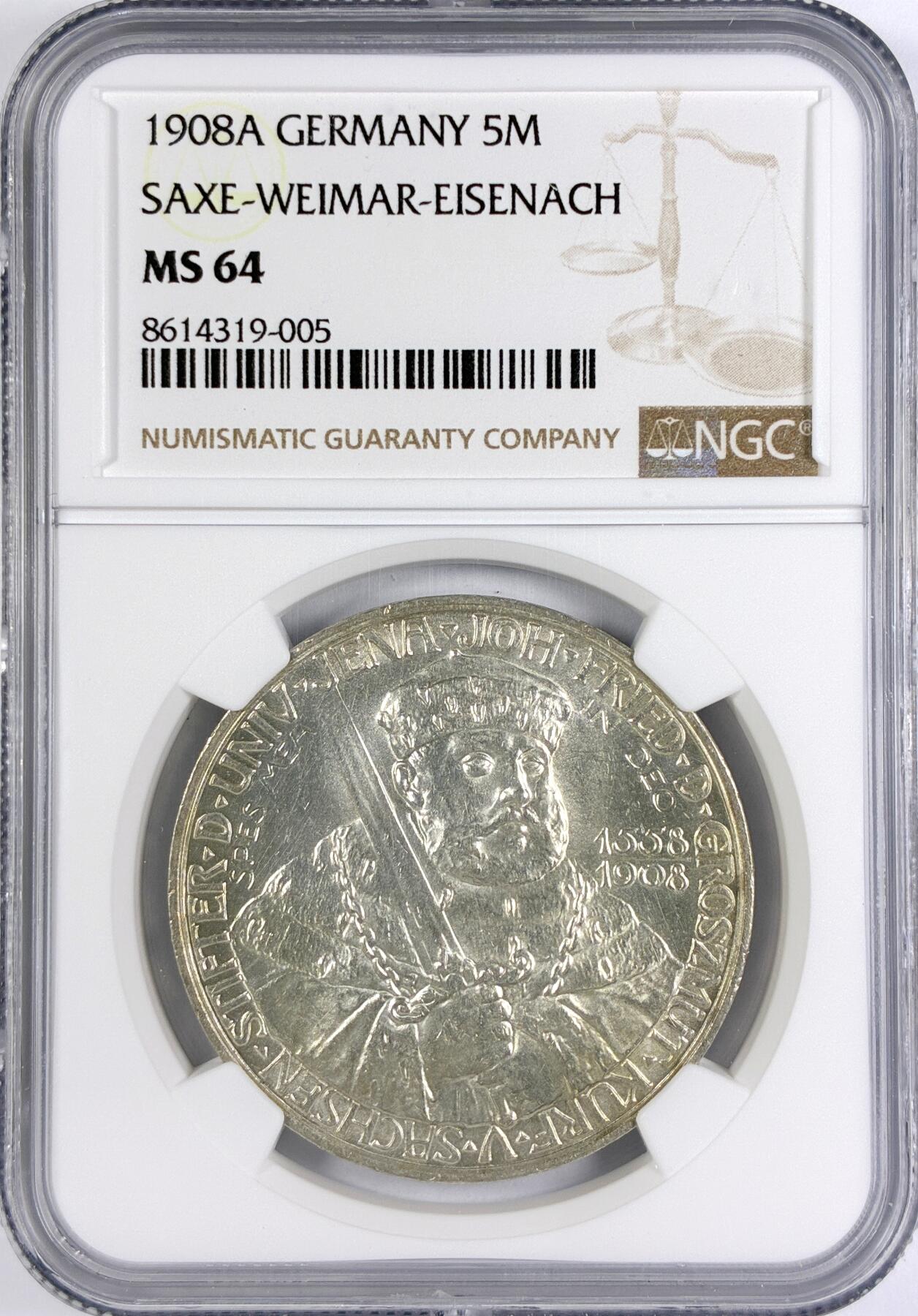 【雨安】【世界币章116期-评级币专场】2025-11-22 周六 19:30 保真【直播拍卖】 [评级德国] Germany 德国 帝国 J.161 萨克森-魏玛-艾森纳赫 5马克 (1908) 耶拿大学 1908年  NGC-MS64