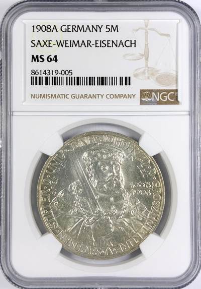【雨安】【世界币章116期-评级币专场】2025-11-22 周六 19:30 保真【直播拍卖】 - [评级德国] Germany 德国 帝国 J.161 萨克森-魏玛-艾森纳赫 5马克 (1908) 耶拿大学 1908年  NGC-MS64