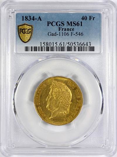 【雨安】【世界币章116期-评级币专场】2025-11-22 周六 19:30 保真【直播拍卖】 - [金币] France 法国 40法郎 1834年 菲利普  PCGS-MS61