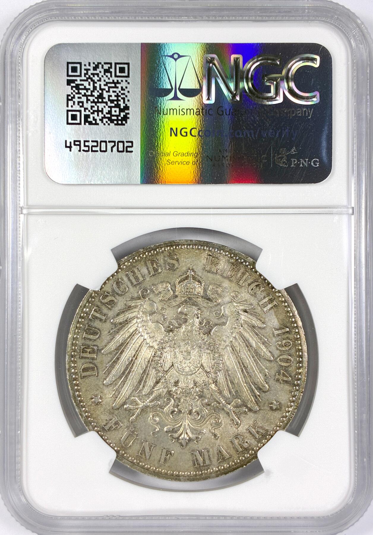 【雨安】【世界币章116期-评级币专场】2025-11-22 周六 19:30 保真【直播拍卖】 [评级德国] Germany 德国 帝国 J.075 黑森-达姆施塔特 5马克 (1904) 腓力一世400周年 1904年  NGC-MS62