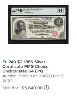 【Blue Auction】世界纸币精拍第752期——18级TOP拍卖/信誉/品质/专业/高效💫     【fr.240首签罕见 39极小号可遇不可求 名家旧藏 季军分】美国 1886年2美金 PMG64EPQ全新原票 大票幅 票面白净油墨佳 南北战争时著名将领汉考克人像雕刻精美 他战绩卓越 获得总统候选人提名 背面几何图案设计复杂独特 （普通的同分7位数长号三年前也拍了5640美金，如此小号价值高很多非常难见到）值得收藏 