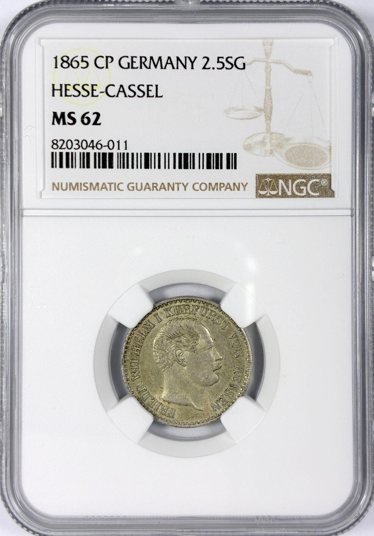 【雨安】【世界币章116期-评级币专场】2025-11-22 周六 19:30 保真【直播拍卖】 [评级德国] Germany 德国 德意志 黑森-卡塞尔 2.5SG 1865年  NGC-MS62