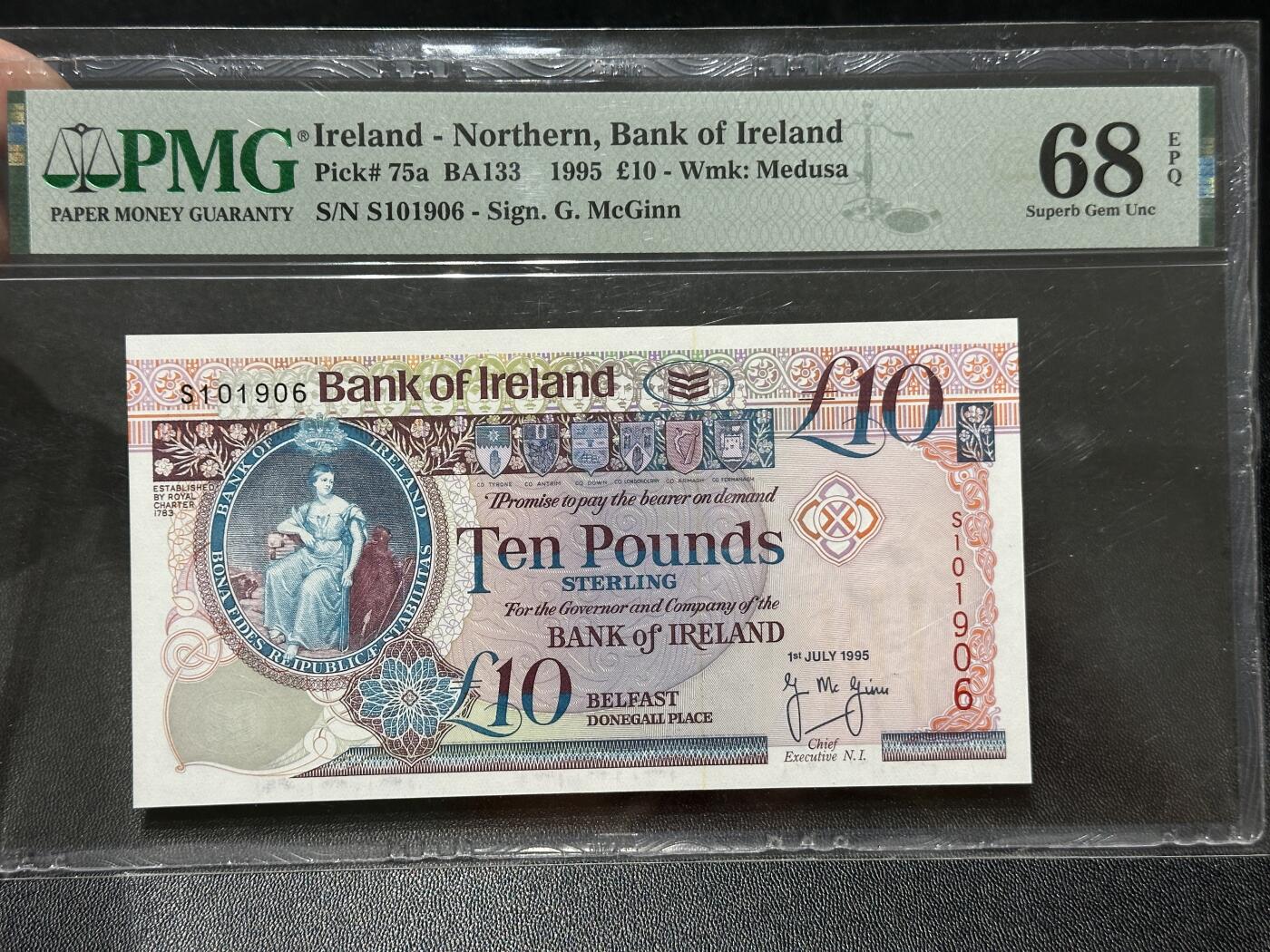 《外钞收藏家》第五百八十六期（品种丰富、精品多）（本平台长期征集拍品、欢迎藏友们联系合作） 1995年爱尔兰10镑 PMG68 倒置号
