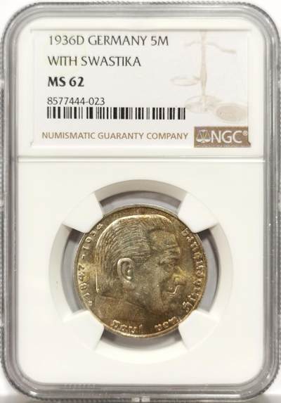 博洋堂世界钱币拍卖第147期（全场包邮） - NGC MS62 德国第三帝国1936年D版兴登堡5马克银币带字