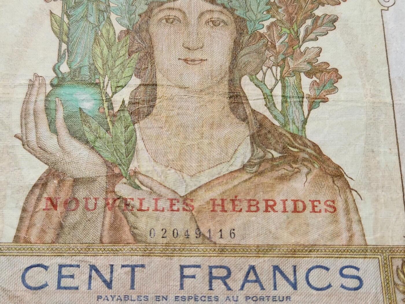 11月21号晚上8点 外国纸币自动截拍第61场 法属 新克里多尼亚 1937年100法郎 加盖红字版 极少
