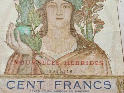 11月21号晚上8点 外国纸币自动截拍第61场 - 法属 新克里多尼亚 1937年100法郎 加盖红字版 极少