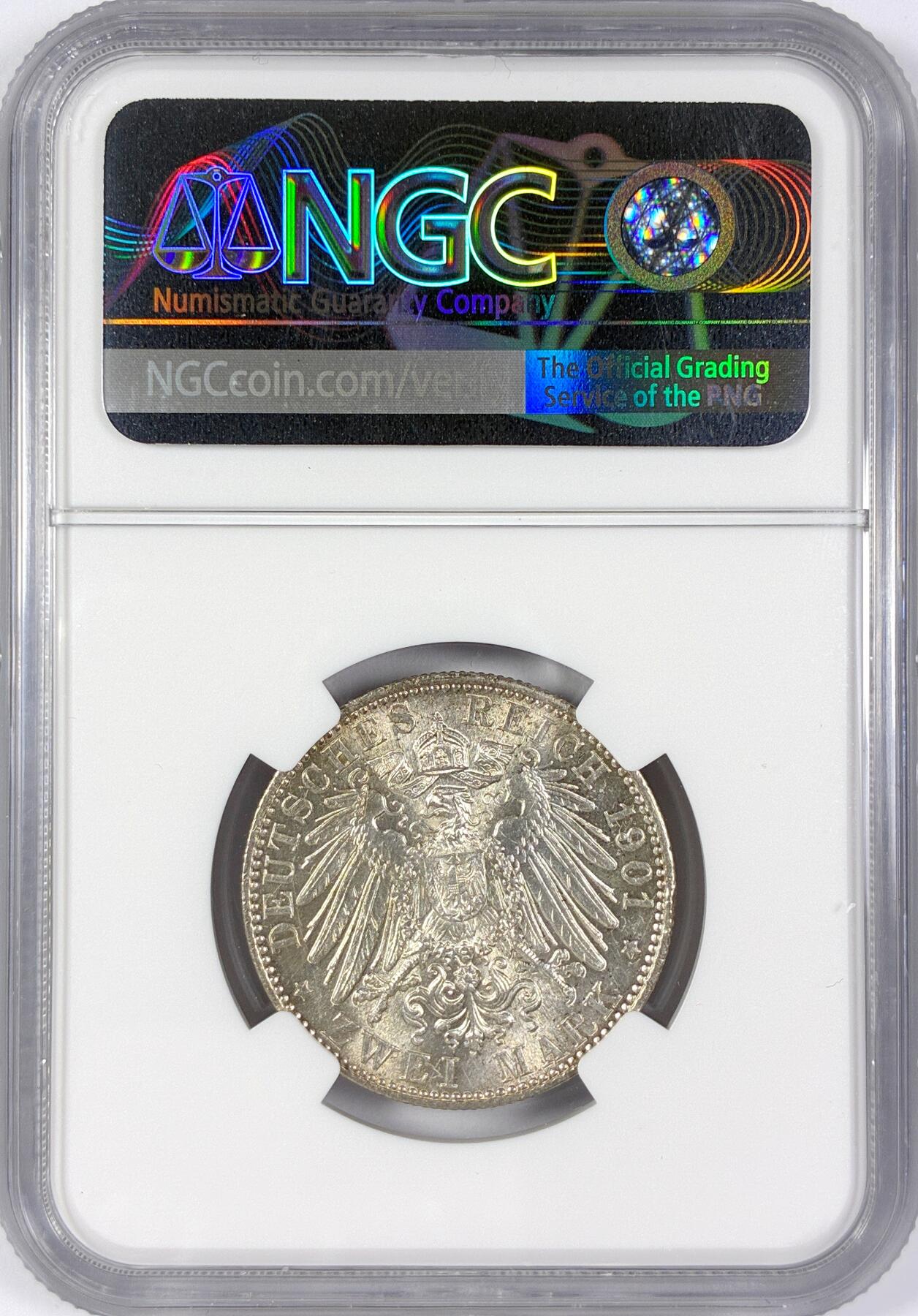 【雨安】【世界币章116期-评级币专场】2025-11-22 周六 19:30 保真【直播拍卖】 [评级德国] Germany 德国 帝国 J.063 汉堡 2马克 (1892-1914) 1901年  NGC-MS62