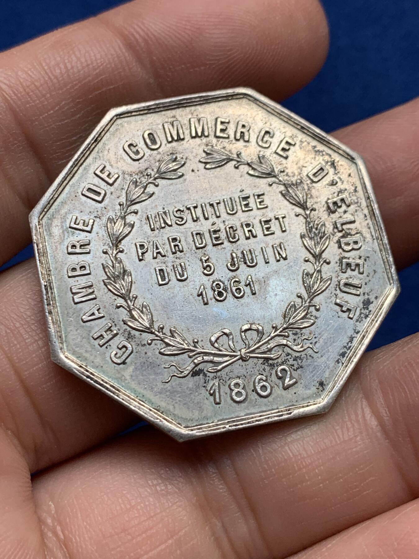 《竞宝斋》第440场 周日，周一，周二 3场连拍 （全场包邮） 法国八角银质代币，埃尔伯夫商会，21.50g，36.2mm，丰饶角1argent边铭