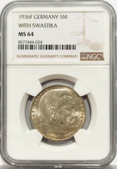 博洋堂世界钱币拍卖第147期（全场包邮） - NGC MS64 德国第三帝国1936年F版兴登堡5马克银币带字