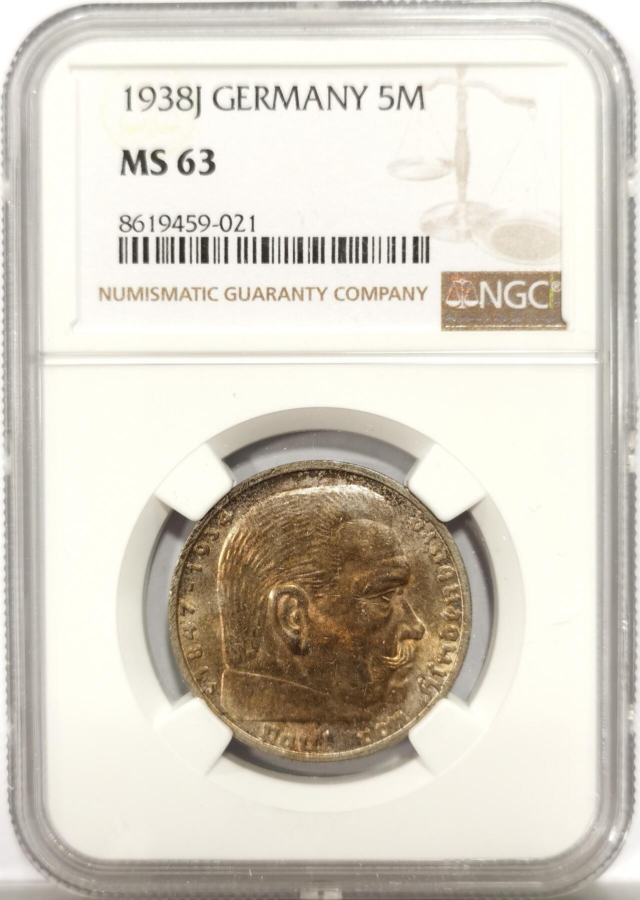博洋堂世界钱币拍卖第147期（全场包邮） NGC MS63 德国1938年J厂兴登堡5马克银币，金彩好品，略少见的厂别和年份，更高分仅7枚。