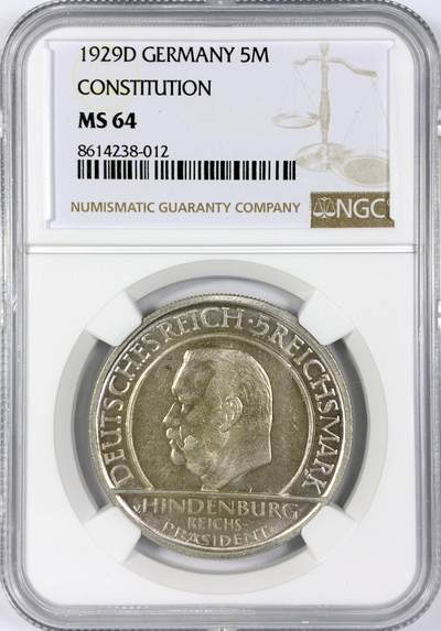 【雨安】【世界币章116期-评级币专场】2025-11-22 周六 19:30 保真【直播拍卖】 - [评级德国] Germany 德国 魏玛 5马克 KM#64 魏玛宪法 1929年D  NGC-MS64