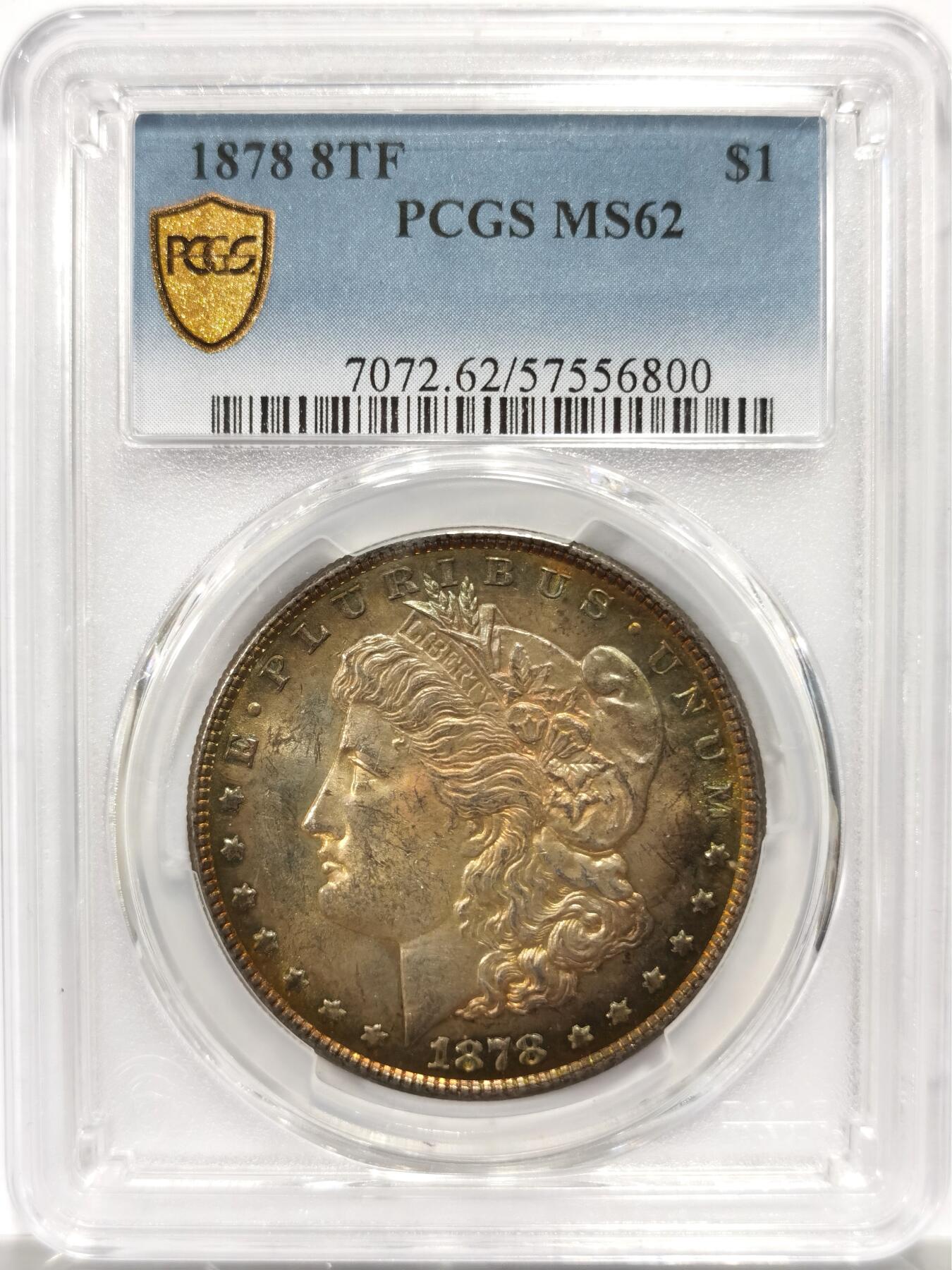 博洋堂藏家专场系列之美国钱币白金之夜专场暨第148期（全场包邮） PCGS MS62 美国1878 首年摩根 8TF 八羽 双面覆盖五彩包浆 此版别难得美艳包浆