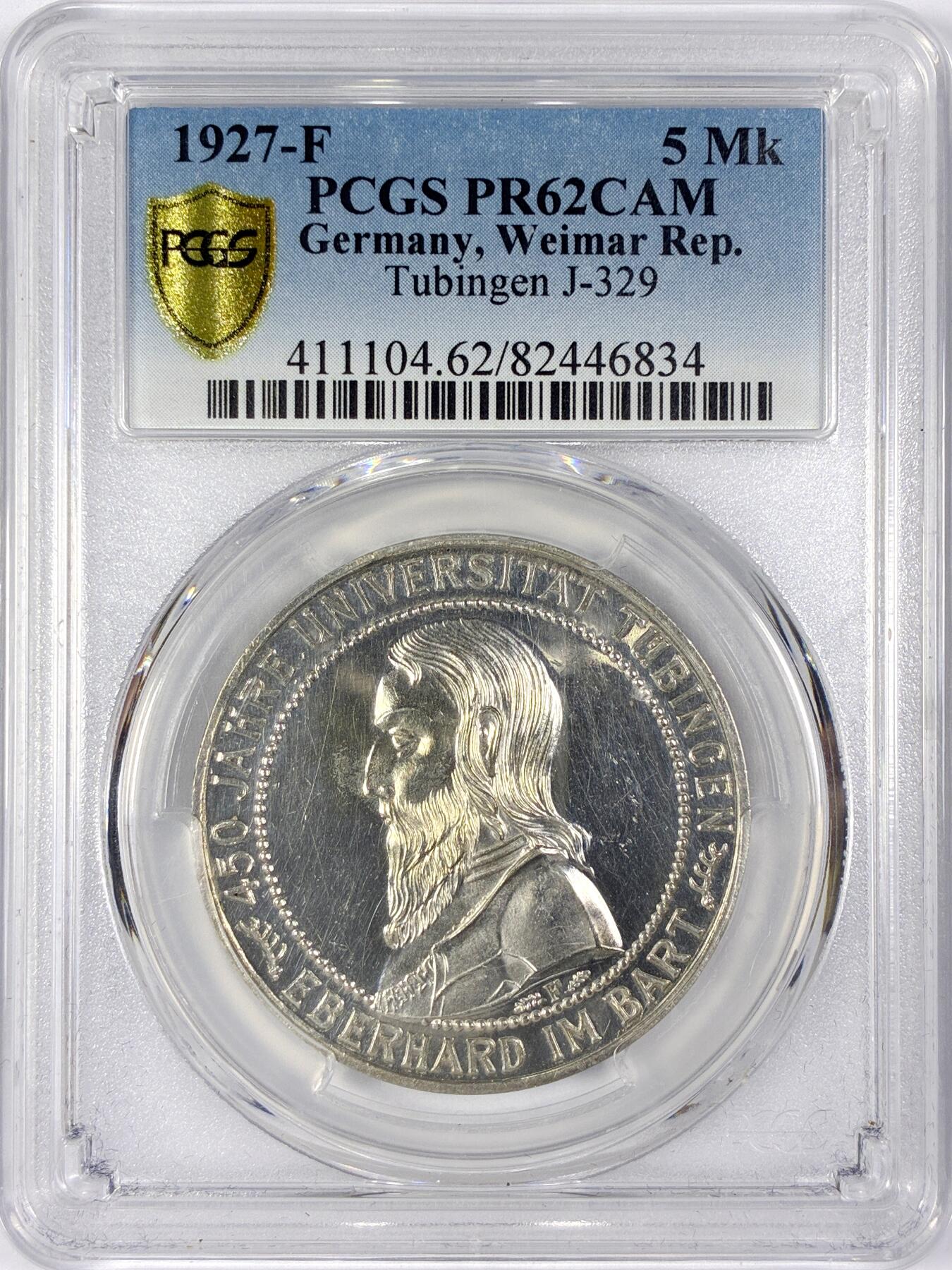 【雨安】【世界币章116期-评级币专场】2025-11-22 周六 19:30 保真【直播拍卖】 [评级德国] Germany 德国 魏玛 5马克 KM#55 图宾根大学 1927年 PCGS-PR62CAM