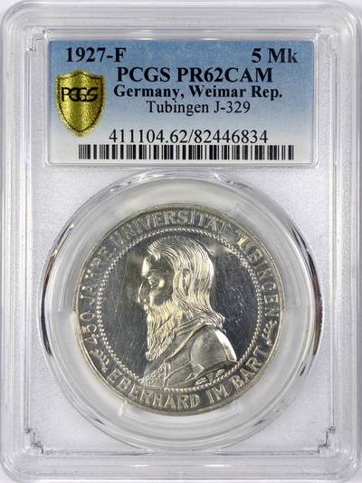【雨安】【世界币章116期-评级币专场】2025-11-22 周六 19:30 保真【直播拍卖】 - [评级德国] Germany 德国 魏玛 5马克 KM#55 图宾根大学 1927年 PCGS-PR62CAM