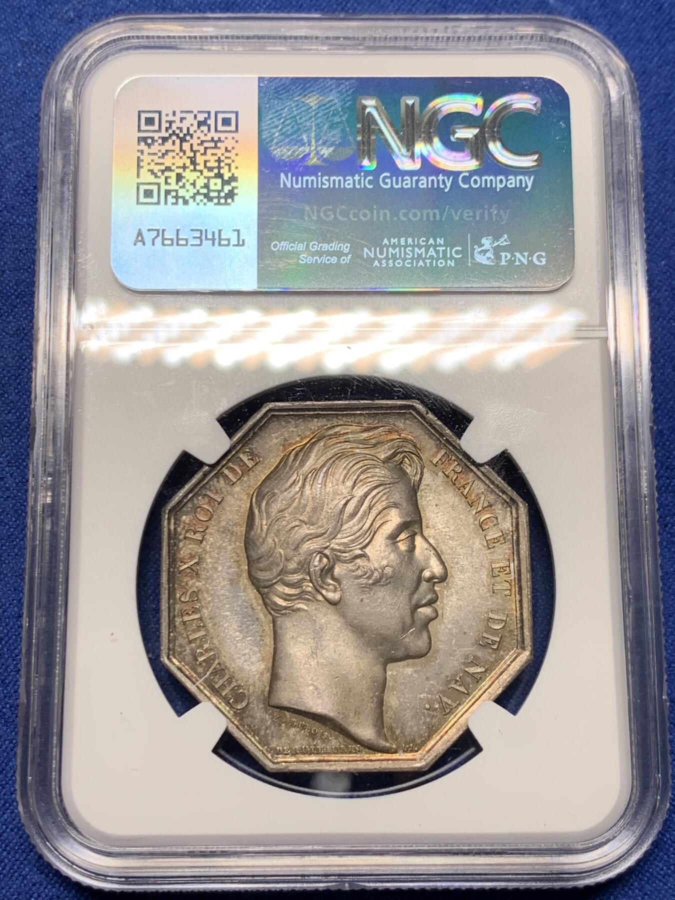 《竞宝斋》第440场 周日，周一，周二 3场连拍 （全场包邮） NGC MS64 法国Dubois＆Gayrard 查理十世头像皇家博物馆八角银质代币，1832年以前无边铭