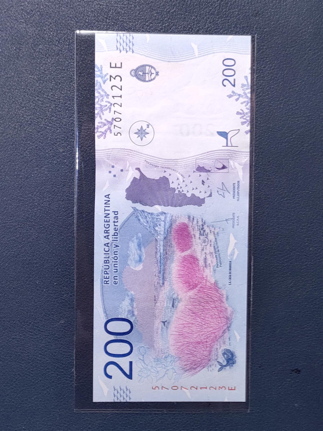 中外各国钞、纪念钞、券专场（第三十四场） 阿根廷200比索纸币 2016年版鲸鱼 美洲钱币全新（号码：顺子号）
