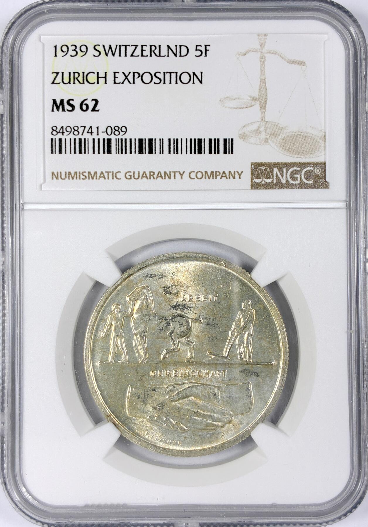 【雨安】【世界币章116期-评级币专场】2025-11-22 周六 19:30 保真【直播拍卖】 [评级欧洲] Switzerland 瑞士 5法郎 1939年 苏黎世博览会 KM# 43  NGC-MS62