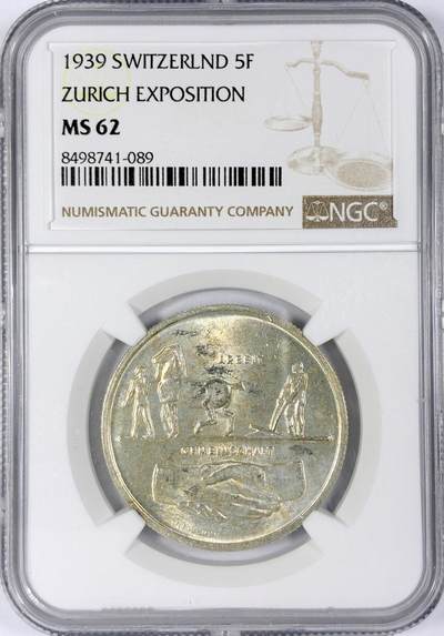 【雨安】【世界币章116期-评级币专场】2025-11-22 周六 19:30 保真【直播拍卖】 - [评级欧洲] Switzerland 瑞士 5法郎 1939年 苏黎世博览会 KM# 43  NGC-MS62