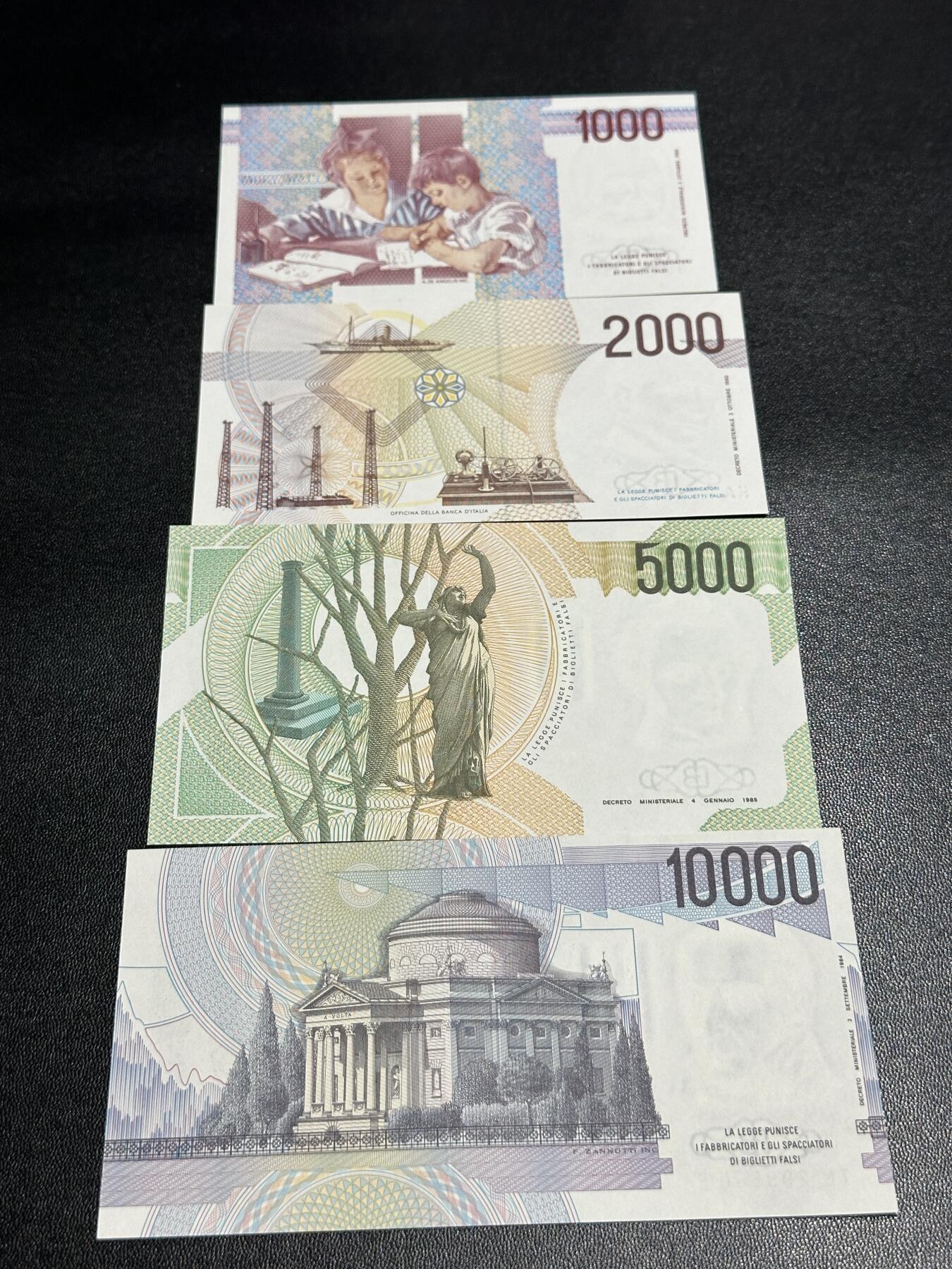 《外钞收藏家》第五百八十六期（品种丰富、精品多）（本平台长期征集拍品、欢迎藏友们联系合作） 意大利10000-1万里拉 四张一起 全新UNC