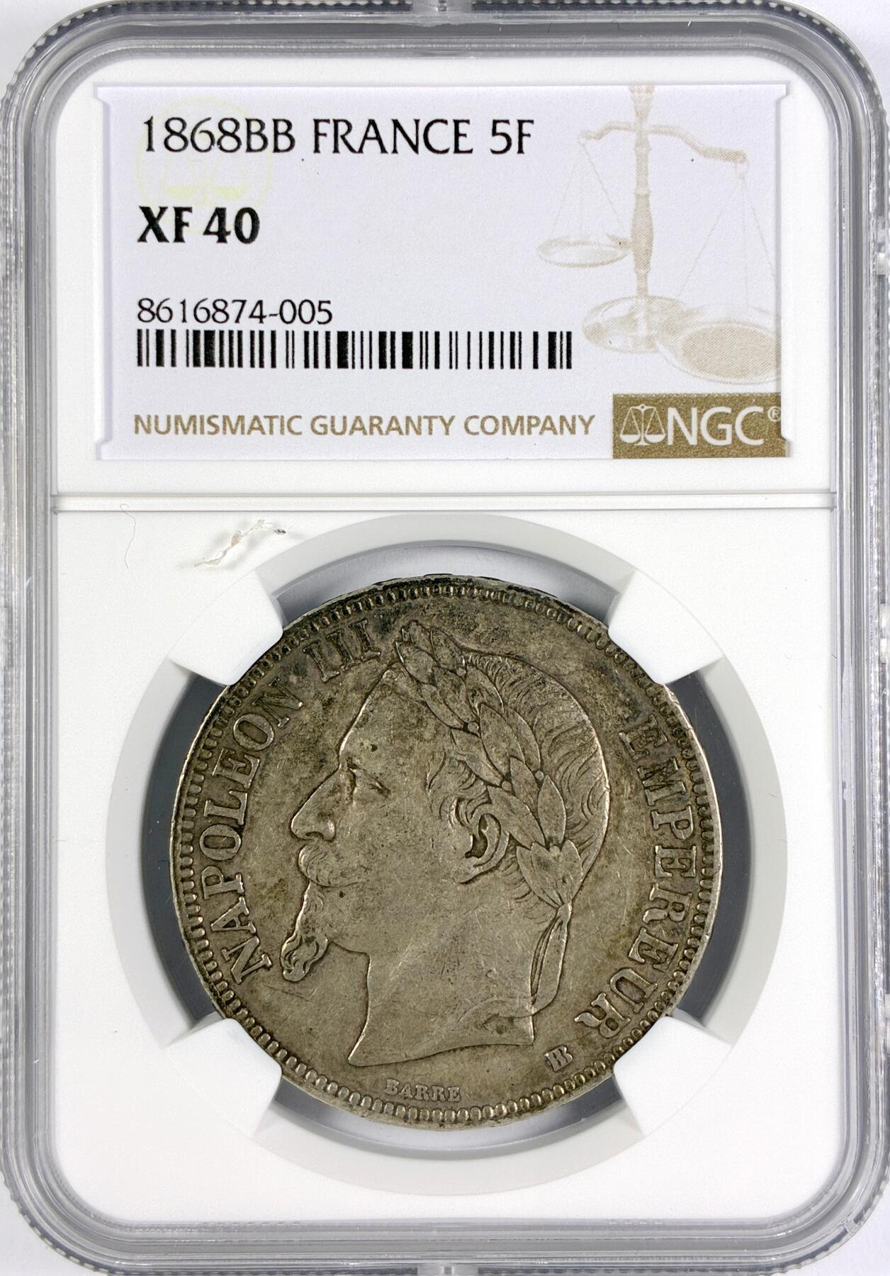 【雨安】【世界币章116期-评级币专场】2025-11-22 周六 19:30 保真【直播拍卖】 [评级法国] France 法国 5法郎 KM#0799 (1861-1870) 拿破仑三世  NGC-XF40