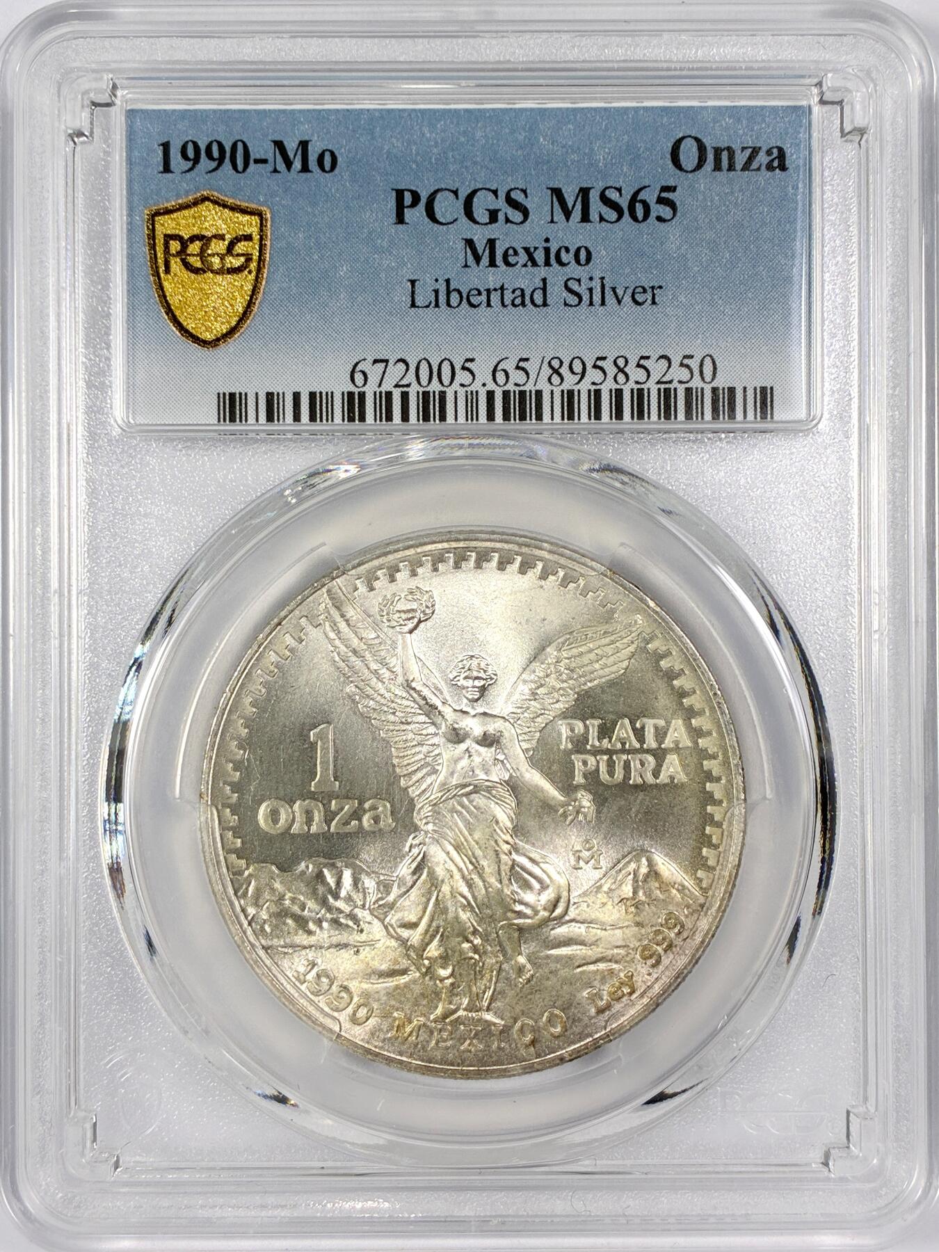 【雨安】【世界币章116期-评级币专场】2025-11-22 周六 19:30 保真【直播拍卖】 [评级现代] Mexico 墨西哥 投资银 自由女神 1盎司 1990年  PCGS-MS65