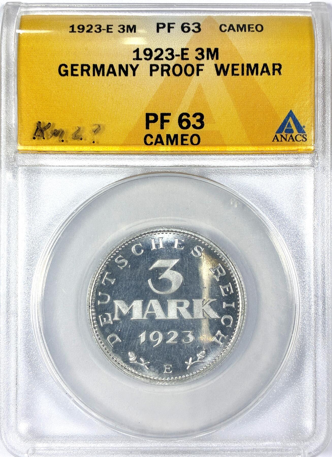 【雨安】【世界币章116期-评级币专场】2025-11-22 周六 19:30 保真【直播拍卖】 [评级德国] Germany 德国 魏玛 3马克 1923年 ANACS-PF63CAMEO