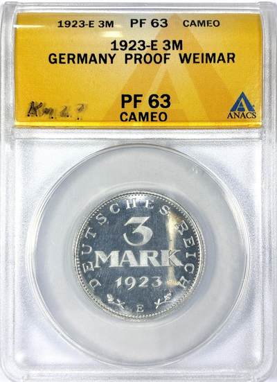 【雨安】【世界币章116期-评级币专场】2025-11-22 周六 19:30 保真【直播拍卖】 - [评级德国] Germany 德国 魏玛 3马克 1923年 ANACS-PF63CAMEO