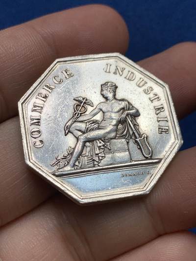 《竞宝斋》第440场 周日，周一，周二 3场连拍 （全场包邮） - 法国八角银质代币，波尔多商会，20.28g，33.5mm，1879年仅使用一个月的烟斗边铭