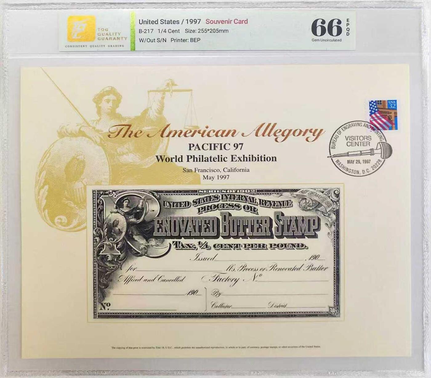 《外钞收藏家》第五百八十六期（品种丰富、精品多）（本平台长期征集拍品、欢迎藏友们联系合作） 1997年 美国铸印局（ BEP） 加工黄油税票（Renovated Butter）纪念卡 原版票据1902年间由美国国税局（United States Internal Revenue）颁布使用 该雕刻版税票纪念卡为百年原票母版印制（非普通平面印刷） 并限量发行 加贴1996年32美分邮票以及纪念戳 乃高价原版老票据收藏欣赏之平替