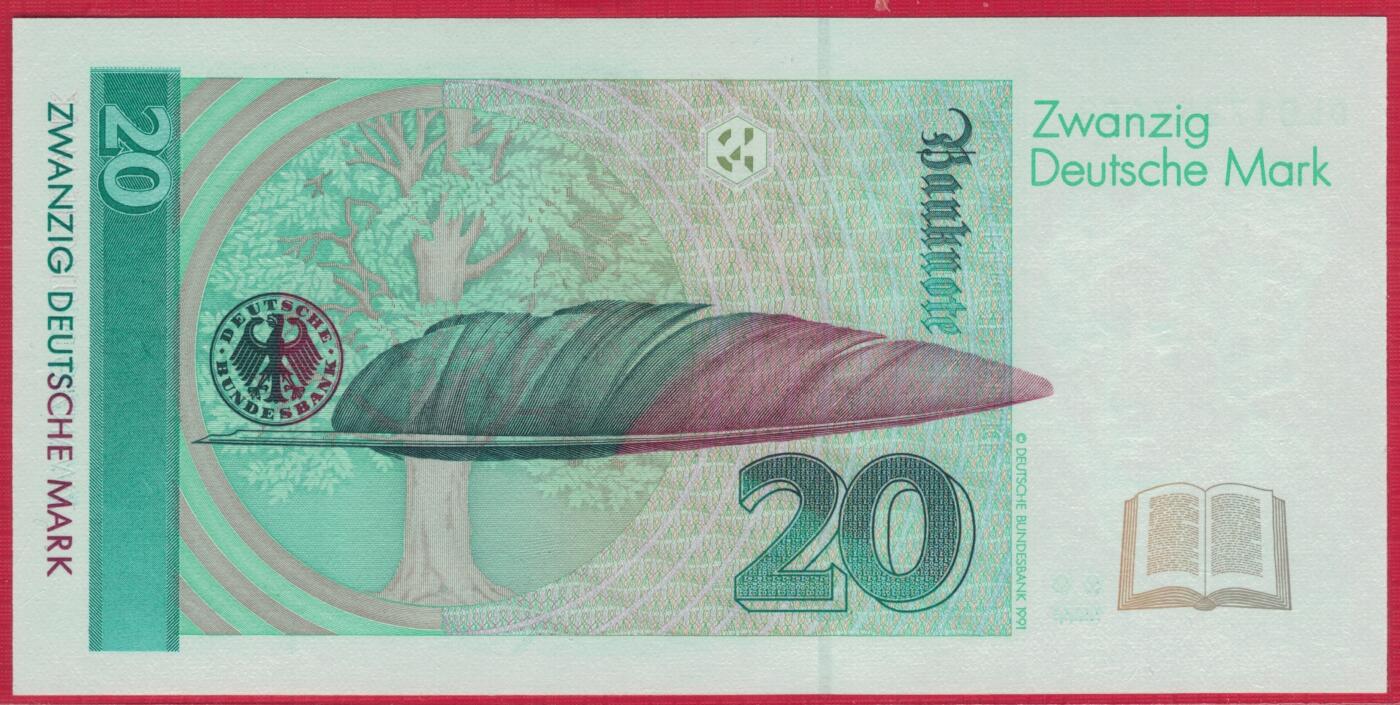 德国1993年20马克 P-39b 无4尾8 实物图 UNC