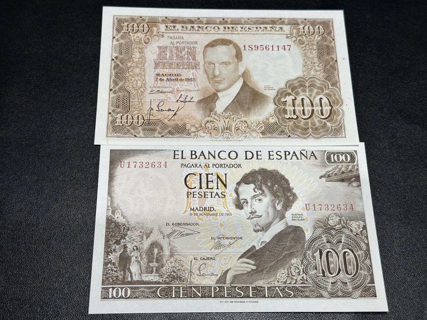 《外钞收藏家》第五百八十六期（品种丰富、精品多）（本平台长期征集拍品、欢迎藏友们联系合作） 1953和65年西班牙100比塞塔 2张一起 全新UNC
