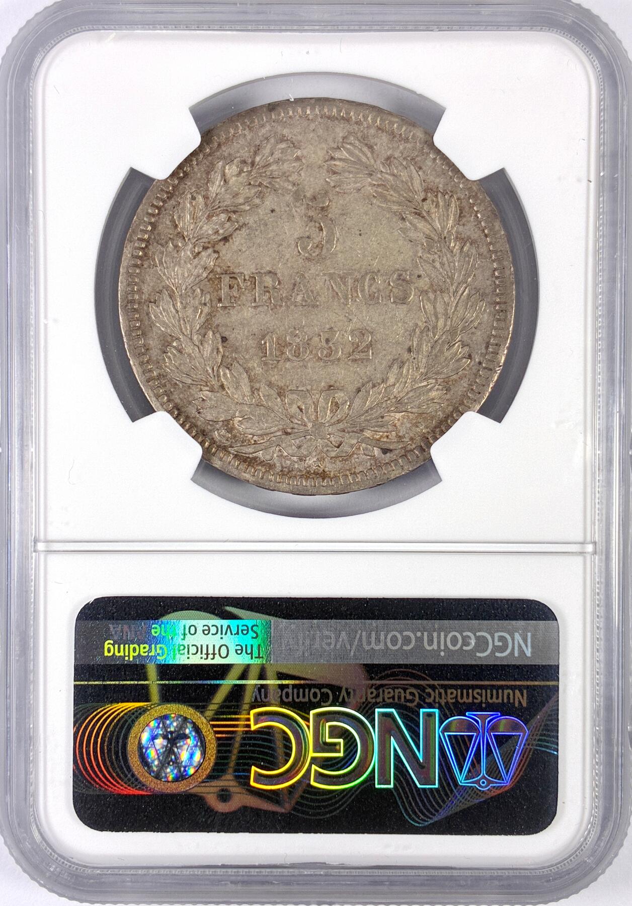 【雨安】【世界币章116期-评级币专场】2025-11-22 周六 19:30 保真【直播拍卖】 [评级法国] France 法国 5法郎 KM#0744 菲利普 1832年D  NGC-AU53