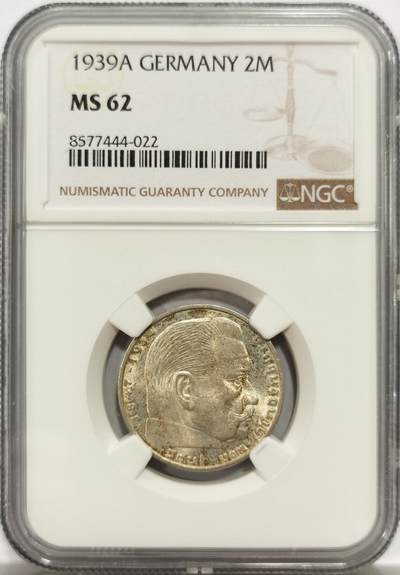 博洋堂世界钱币拍卖第147期（全场包邮） - NGC MS62 德国第三帝国1939年A版兴登堡2马克银币