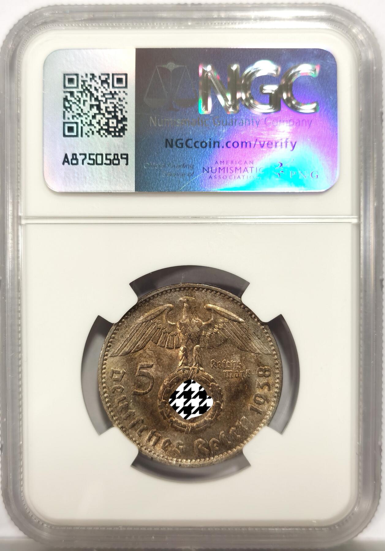 博洋堂世界钱币拍卖第147期（全场包邮） NGC MS63 德国1938年J厂兴登堡5马克银币，金彩好品，略少见的厂别和年份，更高分仅7枚。