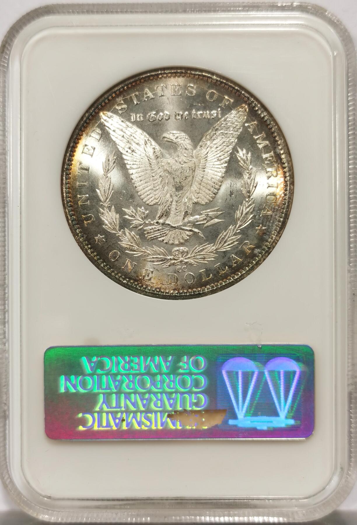 博洋堂藏家专场系列之美国钱币白金之夜专场暨第148期（全场包邮） NGC MS64 美国1884 CC 摩根 老肥皂盒 严评 人像面均匀覆盖极为漂亮金黄色包浆 鹰面环状金色包浆 此版别难得有此完美包浆 极为难得 绝佳藏品