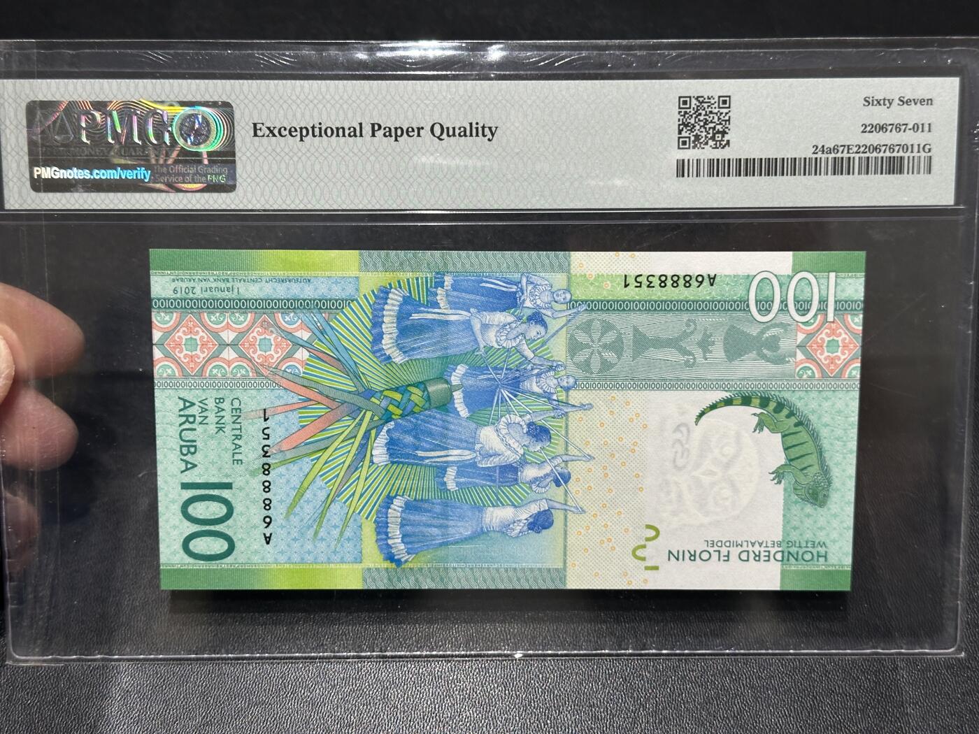 《外钞收藏家》第五百八十六期（品种丰富、精品多）（本平台长期征集拍品、欢迎藏友们联系合作） 2019年阿鲁巴100福林 PMG67 A冠 无47 获奖钞