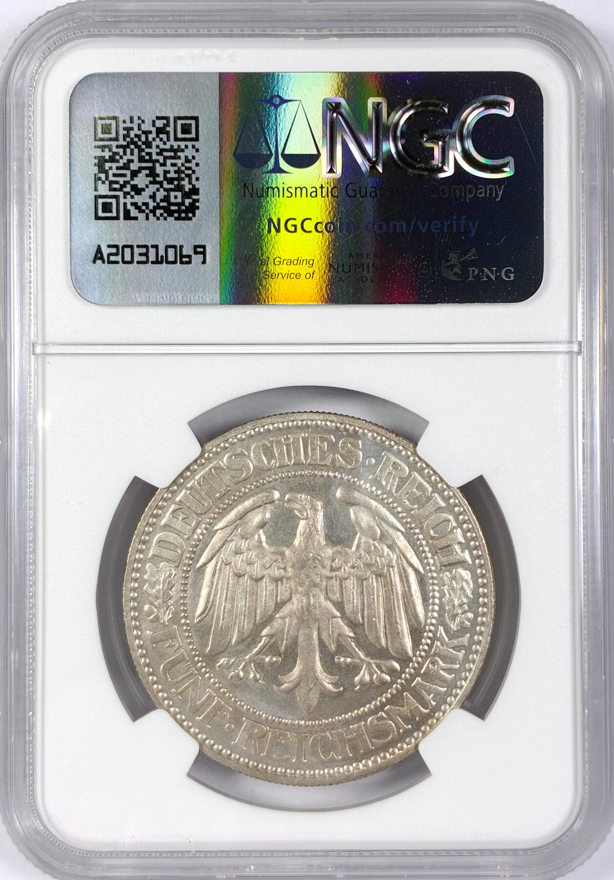 【雨安】【世界币章116期-评级币专场】2025-11-22 周六 19:30 保真【直播拍卖】 [评级德国] Germany 德国 魏玛 5马克 KM#56 橡树 1932年G  NGC-UNC