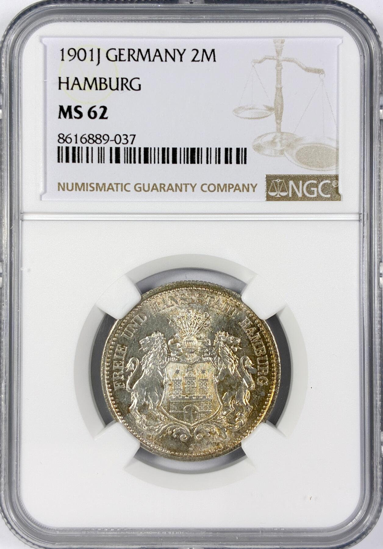 【雨安】【世界币章116期-评级币专场】2025-11-22 周六 19:30 保真【直播拍卖】 [评级德国] Germany 德国 帝国 J.063 汉堡 2马克 (1892-1914) 1901年  NGC-MS62