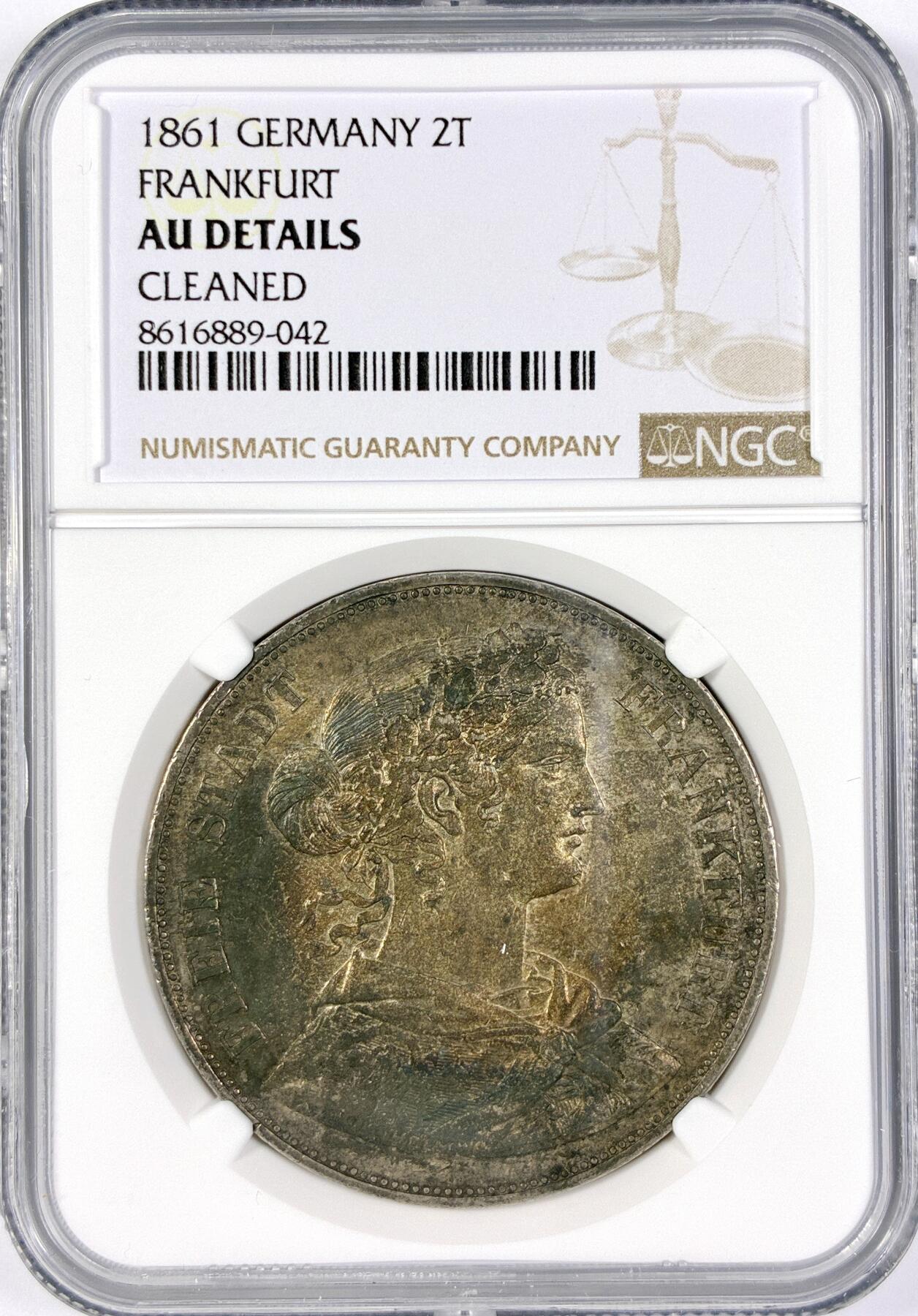 【雨安】【世界币章116期-评级币专场】2025-11-22 周六 19:30 保真【直播拍卖】 [评级德国] Germany 德国 德意志 2泰勒 Frankfurt法兰克福 Thun.145 KM#0365 (1860-1866) 法兰克福少女 1861年  NGC-AU