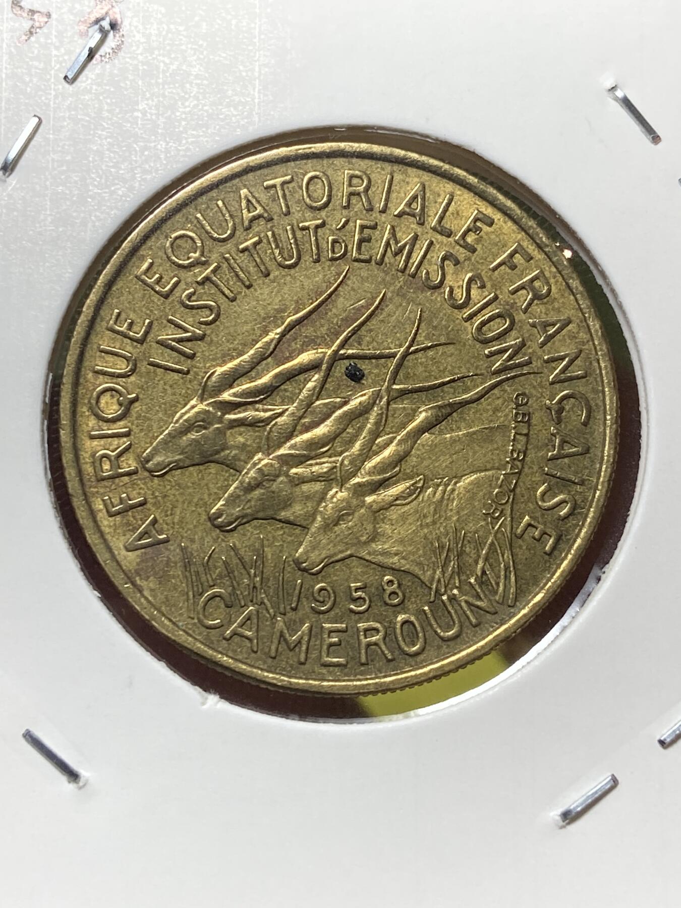 2025年第一百三十场(总第一百五十六场）外国好品纸夹散币场(免佣金) 少见原光好品–法属赤道非洲喀麦隆1958单年份25法郎(套币最大面值)