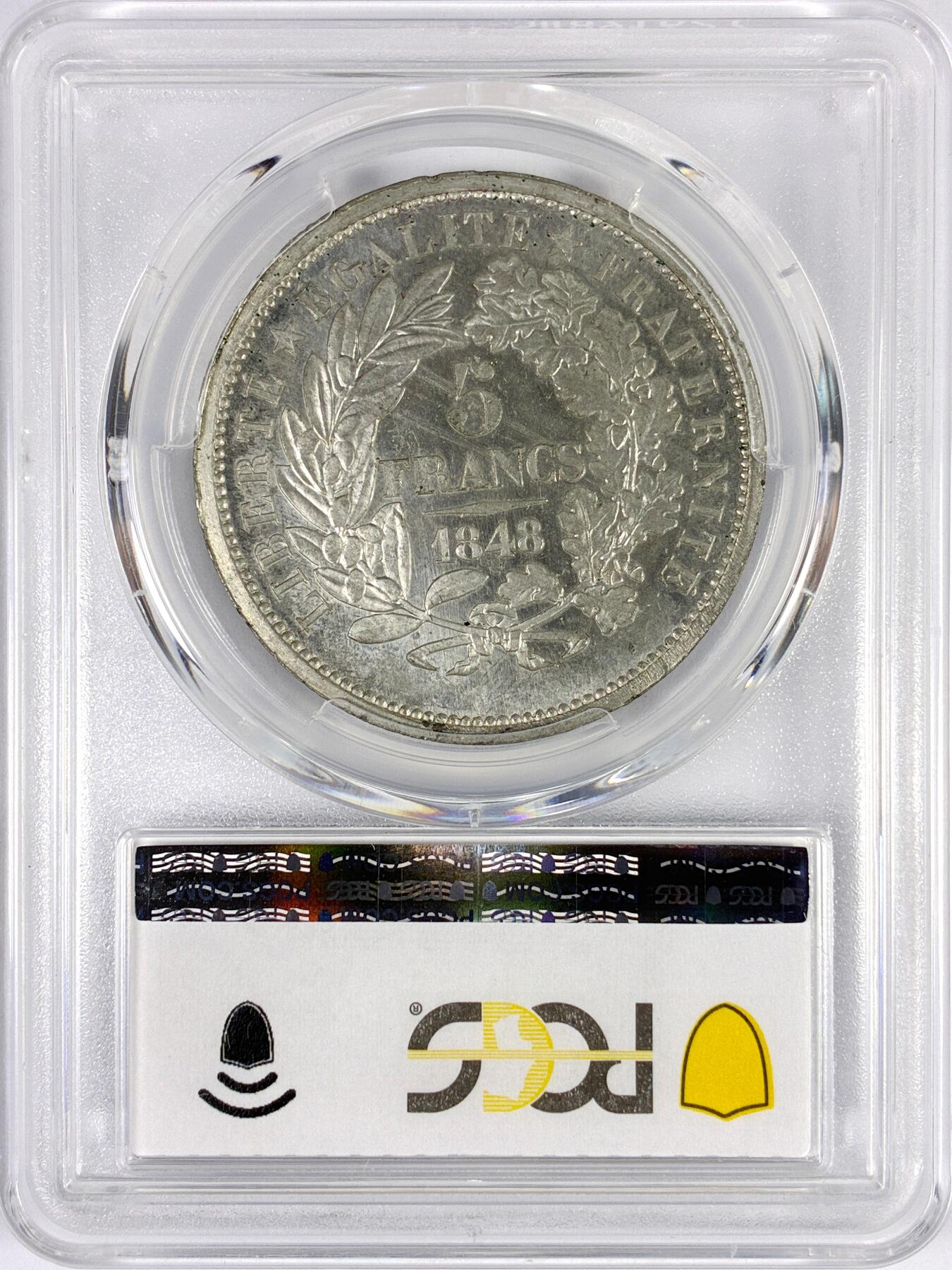 【雨安】【世界币章116期-评级币专场】2025-11-22 周六 19:30 保真【直播拍卖】 [评级法国] France 法国 样币 Maz-1280b 5法郎 1848年 谷物女神 PCGS-SP63