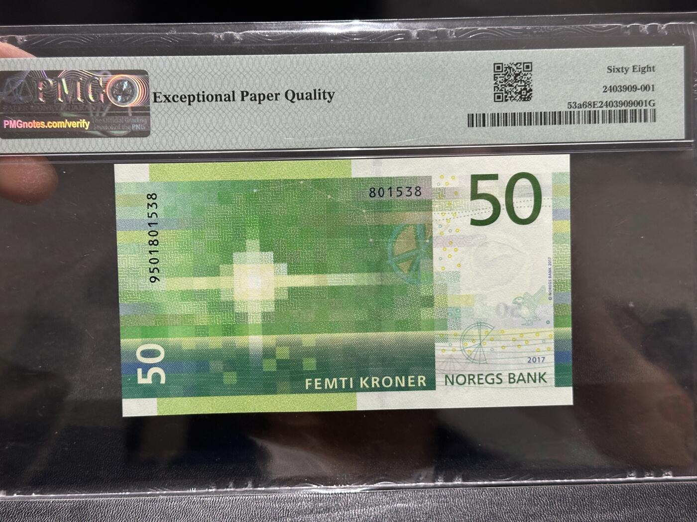 《外钞收藏家》第五百八十六期（品种丰富、精品多）（本平台长期征集拍品、欢迎藏友们联系合作） 2017年挪威50克朗  无47 PMG68 高分 尾8
