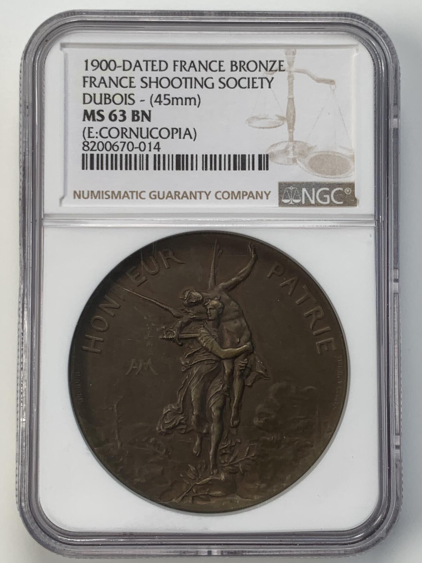 掌中浮雕-藏着的欧洲第042场 NGC MS63 ：1900年法国巴黎奥运会射击表演赛铜章 ，45mm