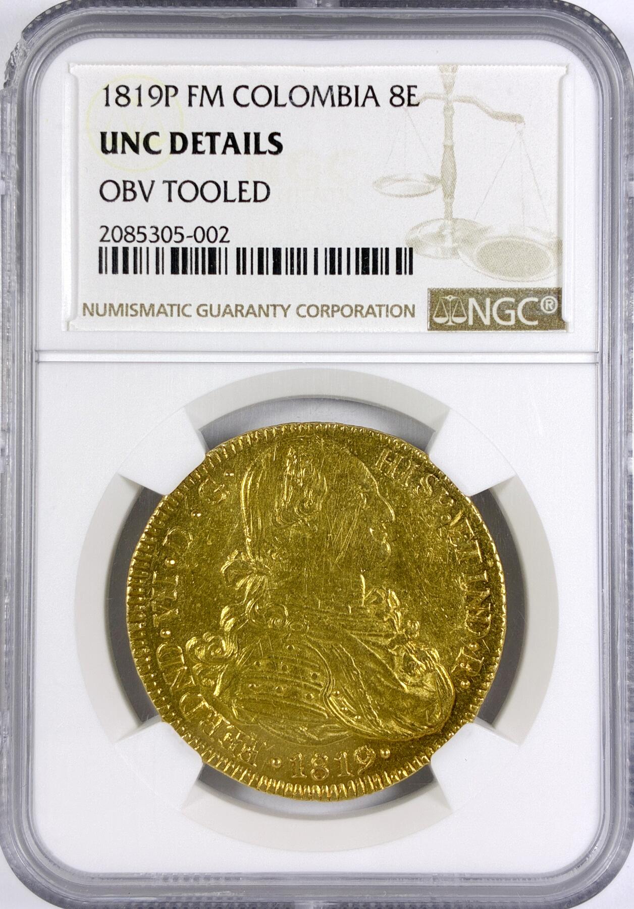 【雨安】【世界币章116期-评级币专场】2025-11-22 周六 19:30 保真【直播拍卖】 [金币] Spanish Colombia 西属哥伦比亚 斐迪南七世 8埃斯库多 1819年  NGC-UNC