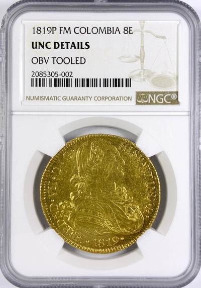 【雨安】【世界币章116期-评级币专场】2025-11-22 周六 19:30 保真【直播拍卖】 - [金币] Spanish Colombia 西属哥伦比亚 斐迪南七世 8埃斯库多 1819年  NGC-UNC