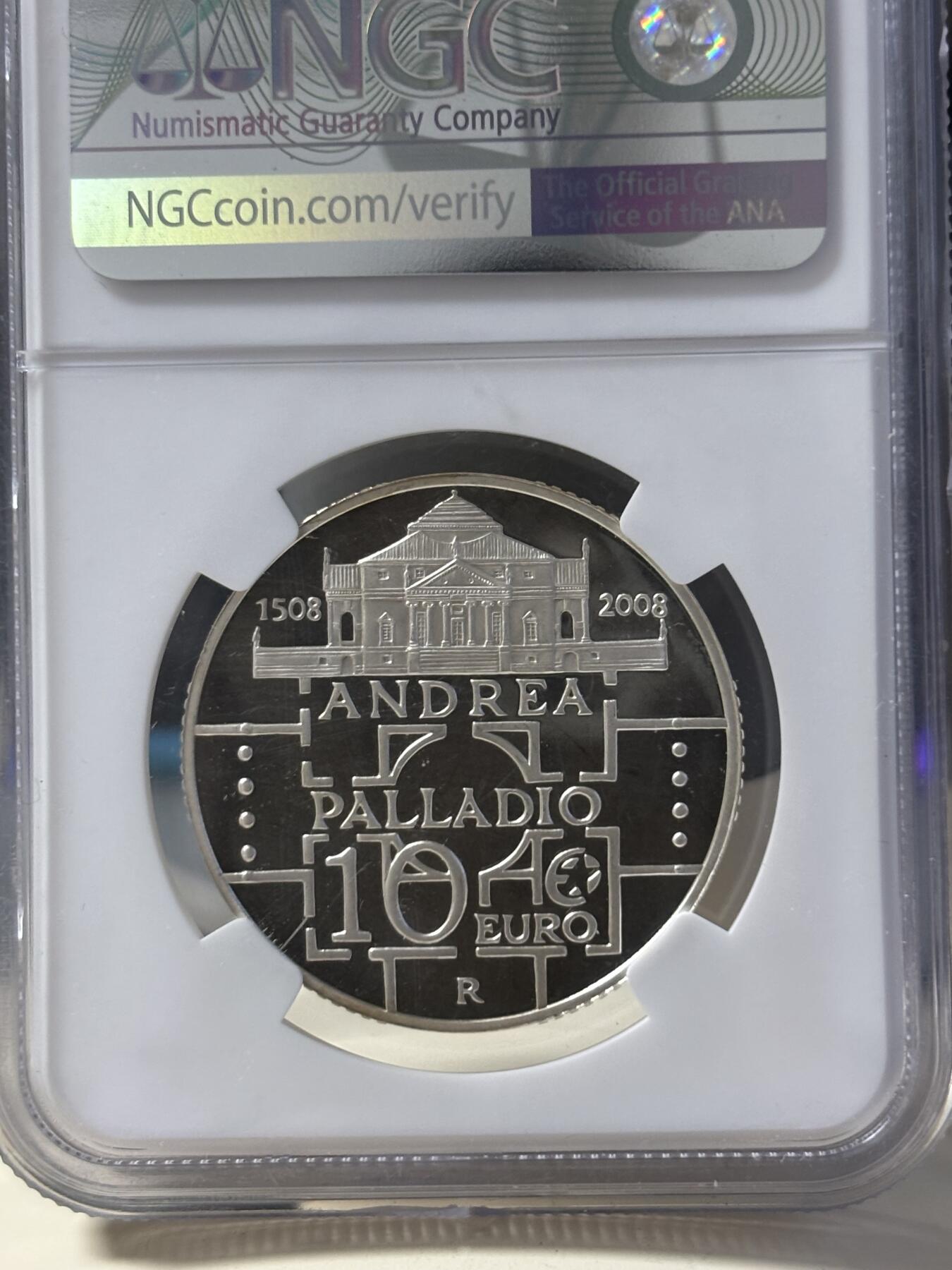 第182期拍卖 2008年意大利10欧元精制银币 欧洲之星系列-安德烈亚·帕拉第奥（意大利建筑师）诞辰500周年 NGC PF67UC（更高评分: 5枚），925银，22克，发行1万6千枚