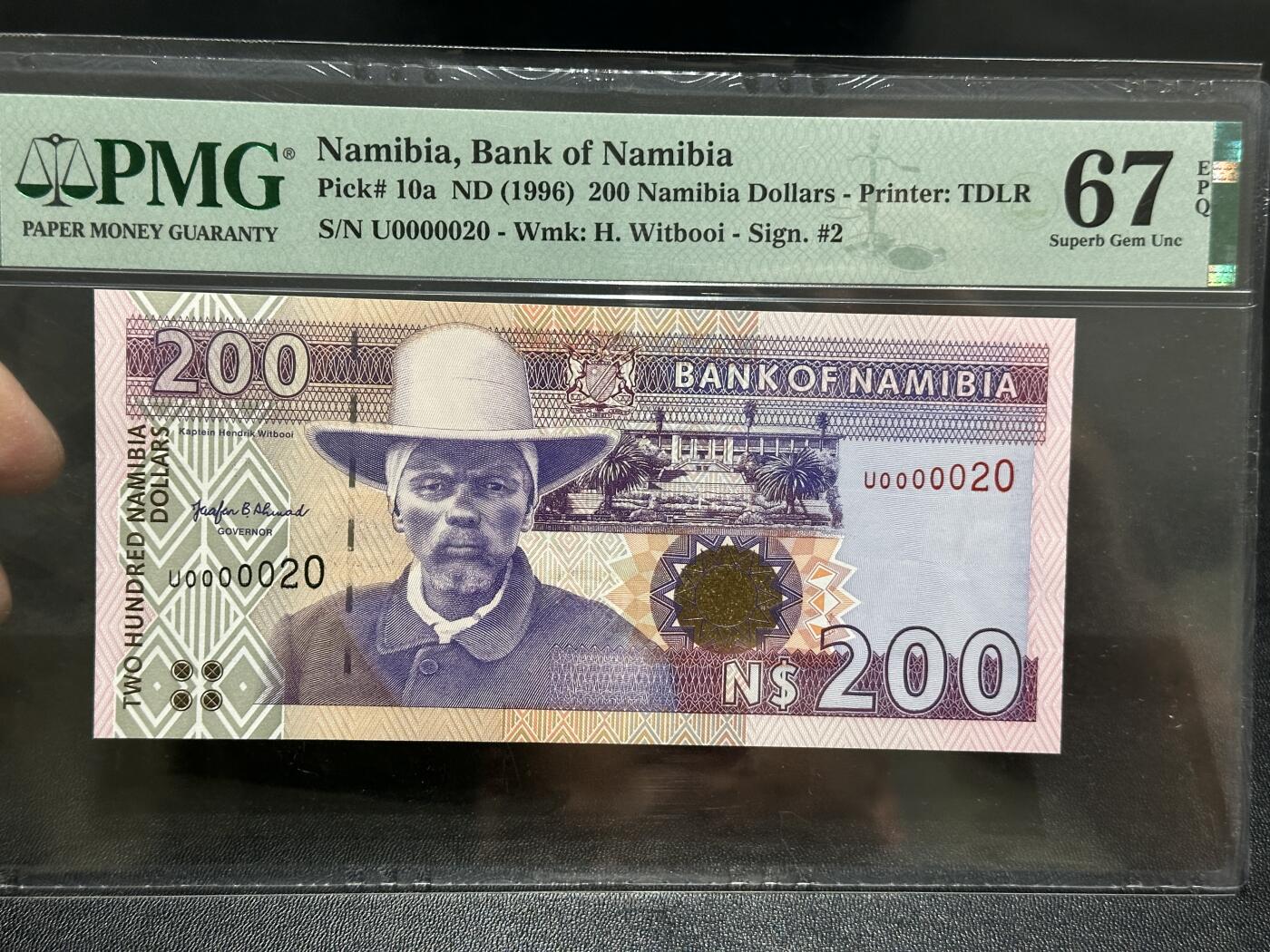 《外钞收藏家》第五百八十六期（品种丰富、精品多）（本平台长期征集拍品、欢迎藏友们联系合作） 1996年纳米比亚200元 PMG67 超小号20号