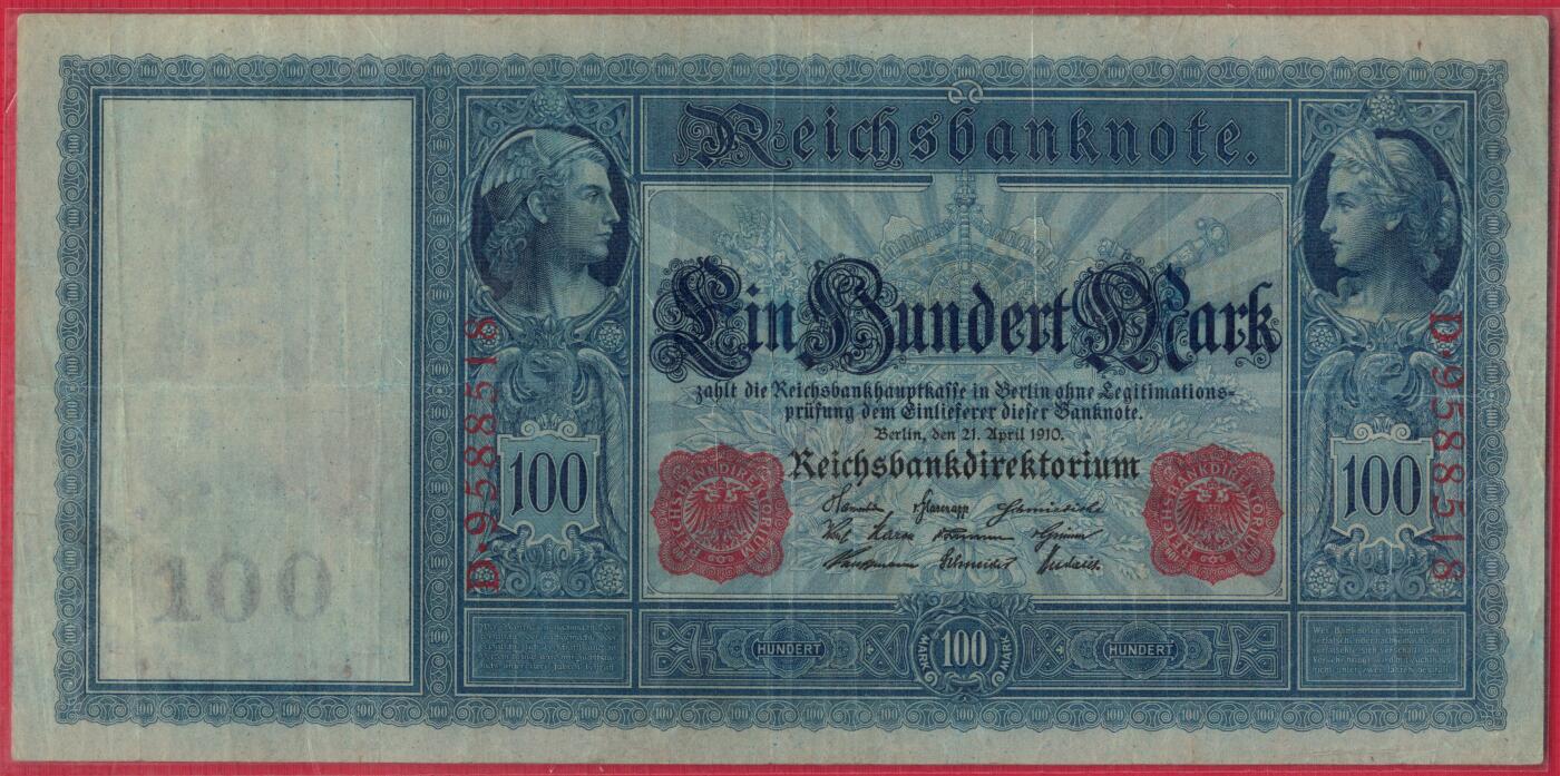 德国1910年100马克 P-42 红印红号码 无47尾8 大票幅 实物图 八五品