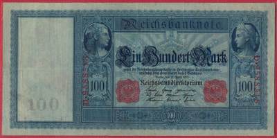 德国1910年100马克 P-42 红印红号码 无47尾8 大票幅 实物图 八五品 - 德国1910年100马克 P-42 红印红号码 无47尾8 大票幅 实物图 八五品